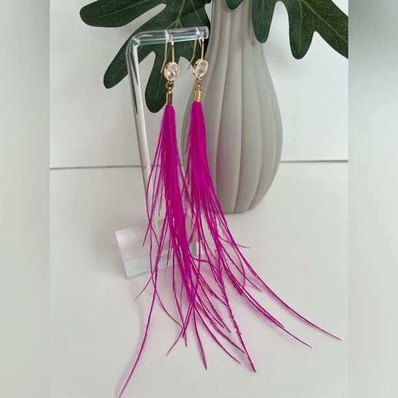 Long Dangle Pink Feather Hippie Chic Earrings - Fun Boho Chic Earrings - Picture 12 of 13